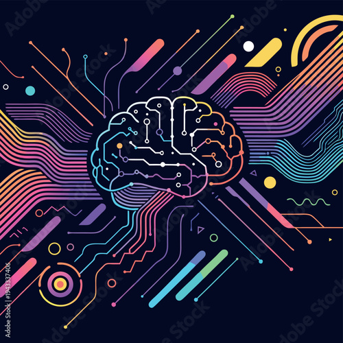 Vibrant abstract digital illustration depicting a stylized human brain overlaid with glowing circuit board lines representing artificial intelligence concepts and complex data processing systems