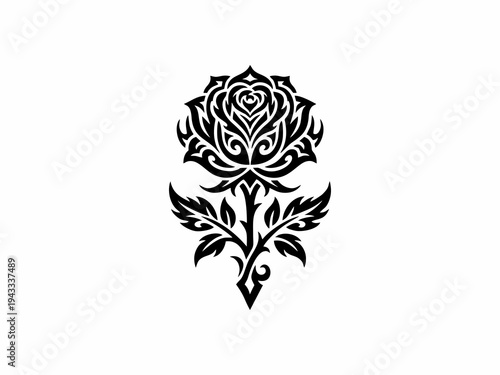 Ornamental tribal rose flower design with elegant black petals and thorns