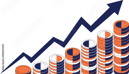 Visual representation of increasing financial performance and positive market trends depicted through stacked coins with an upward sloping arrow signifying growth and profit.