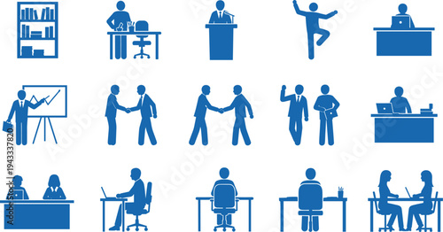 Blue business icon set with office workers sitting at desks, presenting charts, shaking hands, speaking at podium, and using laptops