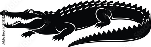 Alligator crocodile silhouette illustration, dangerous reptile predator animal design, wild swamp reptile icon isolated black wildlife vector graphic