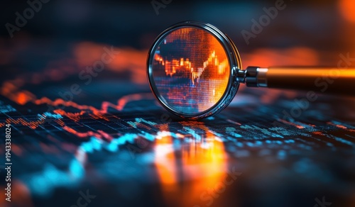 Magnifying glass closely examines glowing orange and blue digital financial stock market charts displaying volatile trading data analysis for investment opportunity detection.