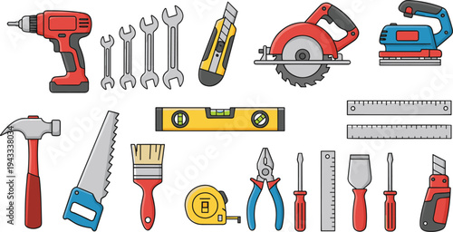 Hand Tools And Power Equipment Set Including Drill Hammer Saw Pliers Wrench And Level For Home Improvement Vector Illustration.