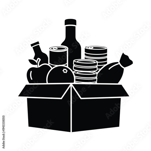 Silhouette grocery box full of food items, canned goods, bottles, and produce.