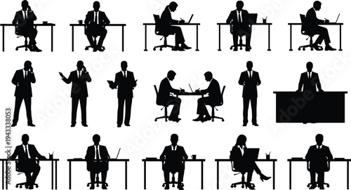 business people silhouettes collection, professional office workers sitting at desks and discussing work, corporate workplace teamwork vector illustration