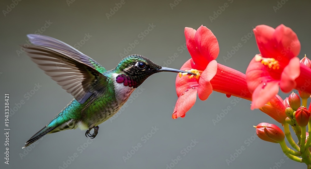 Fototapeta premium Iridescent hummingbird flying over lotus