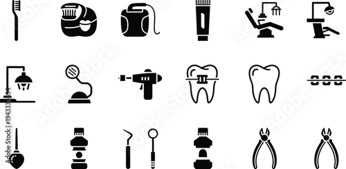 Dental hygiene icons collection with toothbrush chair tools tooth floss mouthwash