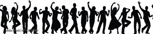 Dancing people silhouettes group party crowd illustration, energetic men women dancers black silhouette vector isolated celebration music festival nightlife