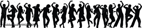 Dancing people silhouettes party crowd vector illustration, energetic men and women dancers celebration music festival nightlife isolated