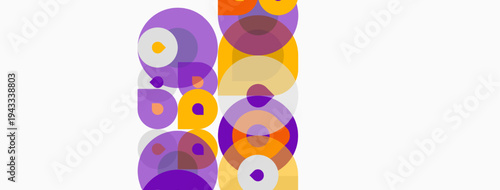 Abstract composition featuring overlapping circles. Purple, orange, yellow hues create dynamic visual texture. Minimalist design, clean aesthetic.