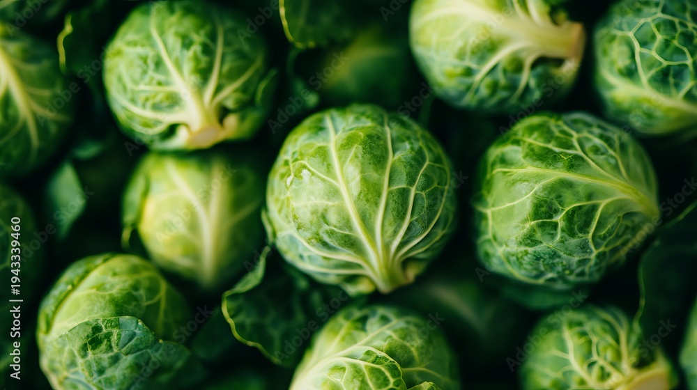 Fototapeta premium Vibrant Arrangement of Whole Fresh Brussels Sprouts Showcasing Their Green Heads and Layered Leaves