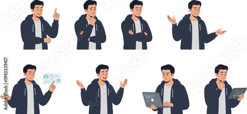 Set of young man character poses in casual hoodie with various gestures and tech interaction