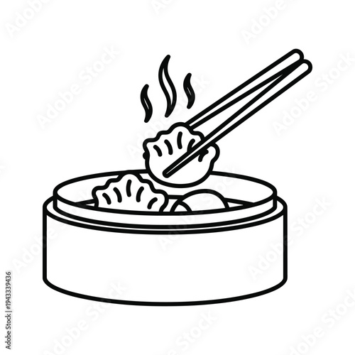 Steaming Dumplings in Bamboo Steamer with Chopsticks, Minimalist Icon