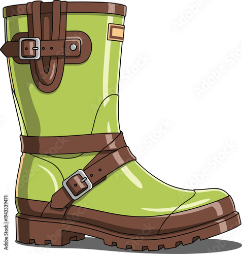 Green leather boot with buckles illustration, stylish fashion footwear design, trendy women shoe isolated vector clothing accessory icon