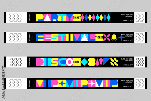 Set of event paper ticket wristband. Party, disco, festival, vip access admission passes. Vector design template