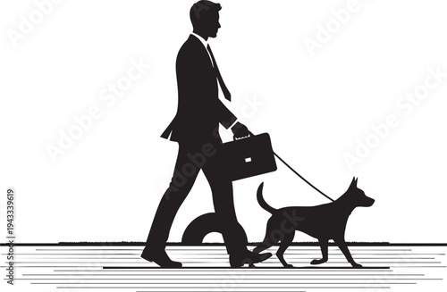 Professional businessman walking his loyal canine companion on a leash, balancing work and personal life