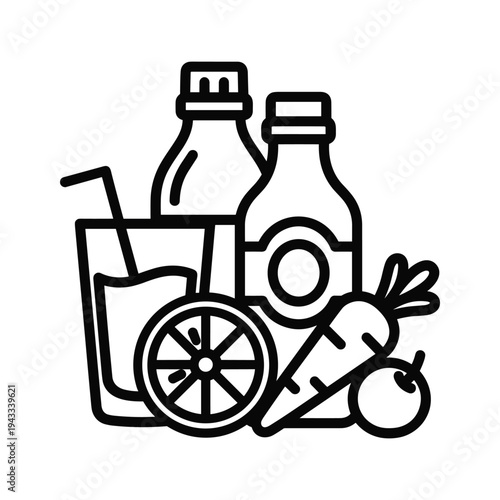 Healthy Drinks Icon Set: Fresh Juices, Smoothies, and Natural Beverages