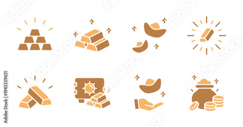 Golden bar icons and treasure symbols collection depicting wealth financial growth bank security precious metal ingots luxury lifestyle economic success investment business prosperity currency
