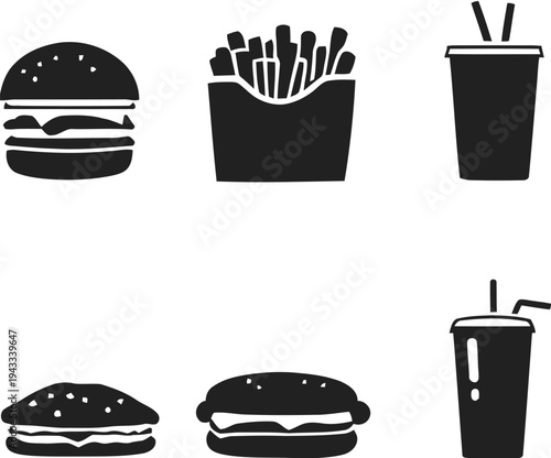 Group of black and white fast food icons showcasing burgers, french fries in a carton, and takeaway drinks with straws, ideal for restaurant menus and signage.