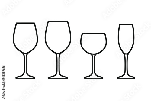 Group of diverse wine glasses, including red wine, white wine, coupe, and champagne flutes, symbolizing wine appreciation and various drinking occasions
