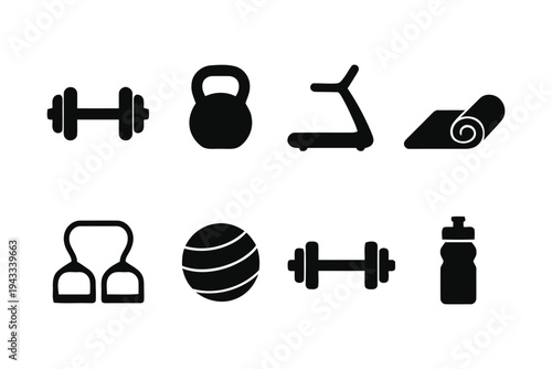 Gym and fitness equipment icons in silhouette style including dumbbells kettlebell treadmill yoga mat resistance bands stability ball and water bottle