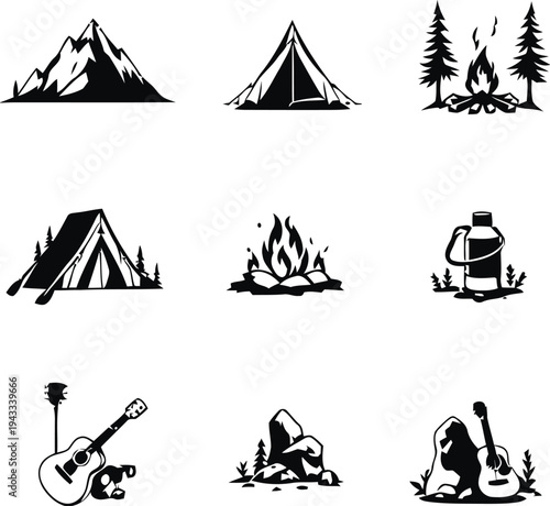 Group of nine outdoor camping and adventure icons, featuring tents, campfires, and gear for travel and recreational themes.