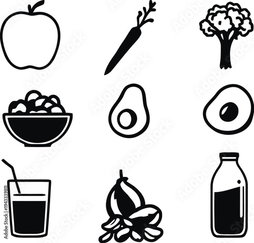 Healthy food and drink icons featuring fruits vegetables and beverages representing organic nutrition dietary choices and a balanced lifestyle for wellness and healthy living