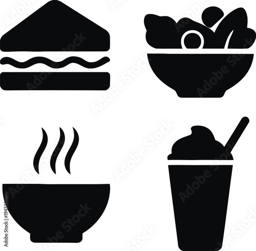 Healthy food options including sandwich salad hot soup and refreshing smoothie for balanced diet meal or lunch break