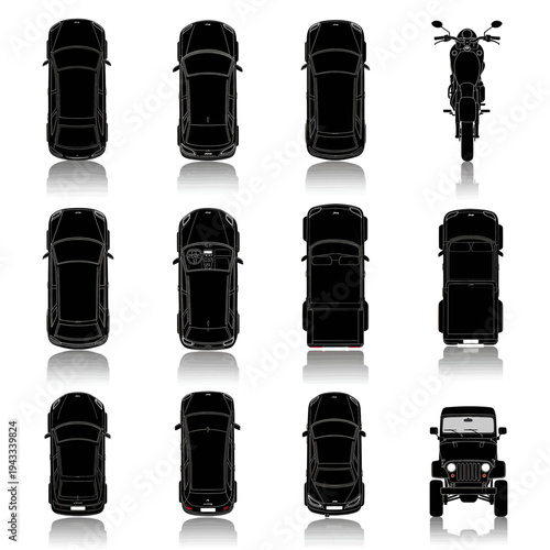 Assorted stylized black bottle caps with various shapes and designs