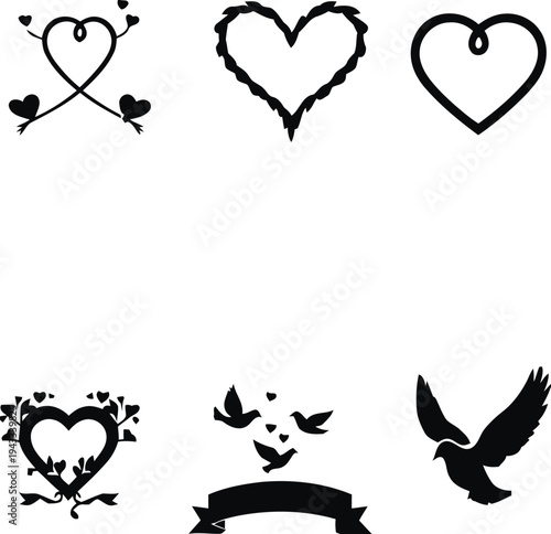 Heart symbols and romantic motifs including entwined hearts with birds, outline heart, floral heart, flying doves, and a silhouette dove representing love, romance, and relationships