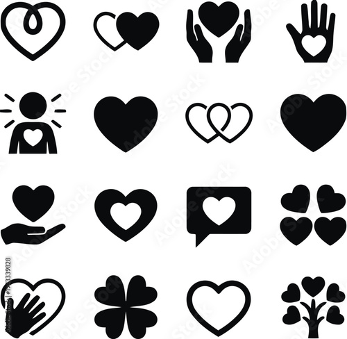 Heart symbols and love icons representing romance care affection and relationships including single hearts and pairs