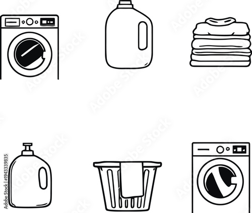 Home laundry service icons including washing machine detergent bottles stack of clean clothes laundry basket and another washing machine representing domestic chores and fabric care