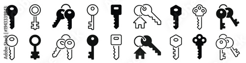 House key icons and keychain symbols set representing home security real estate access safety locksmith services apartment entry door protection property ownership residential lock management