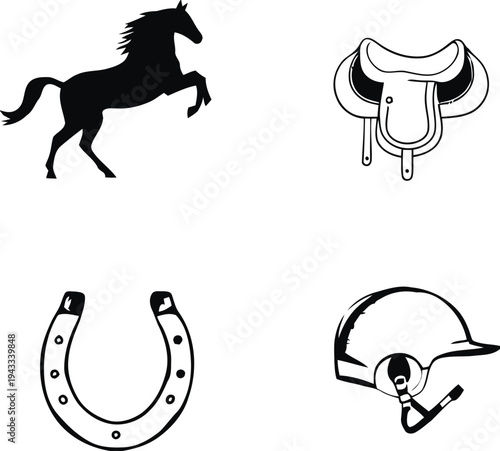 Horse riding equipment and horse silhouette isolated on white background including saddle helmet horseshoe and rearing stallion vector