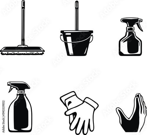 Household cleaning supplies icons including mop bucket spray bottles and gloves for hygiene and sanitization, representing home care items
