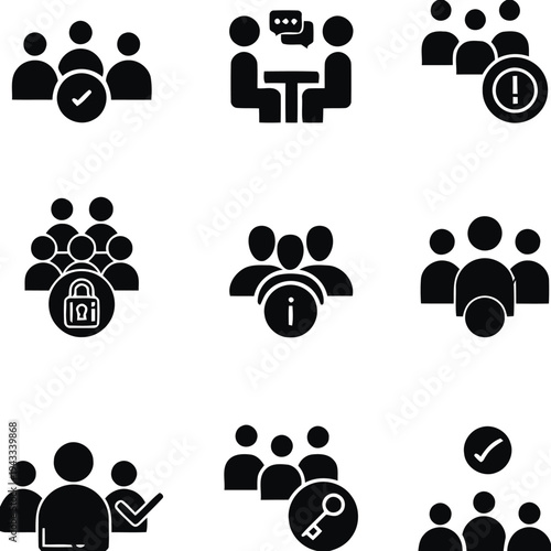 Icons depicting groups of people in various social and professional settings including meetings discussions and team collaboration with security and information symbols