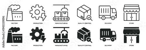 Industrial manufacturing and delivery icons set vector factory production manufacturing quality control delivery store symbols collection outline and solid