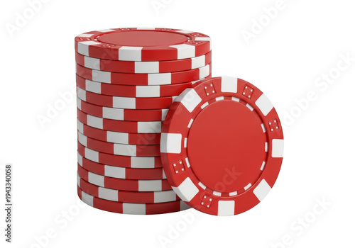 Stack of red poker chips with white accents isolated on transparent background