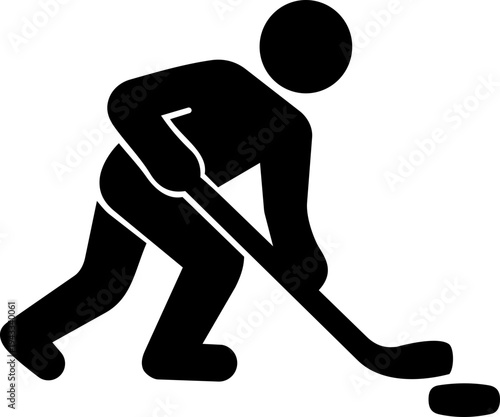 Ice hockey pictogram showing person skating with stick controlling puck on rink