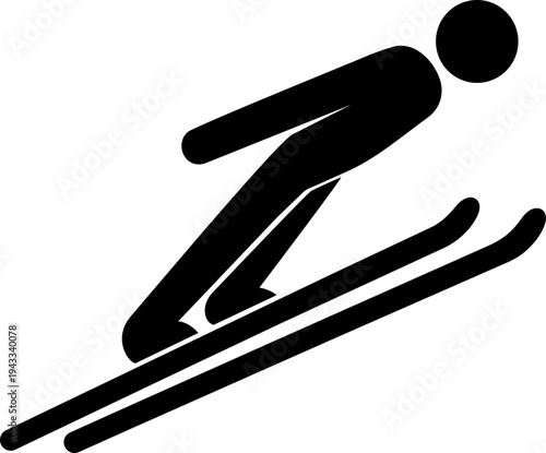 Ski jumping pictogram showing person airborne with long skis over jump ramp