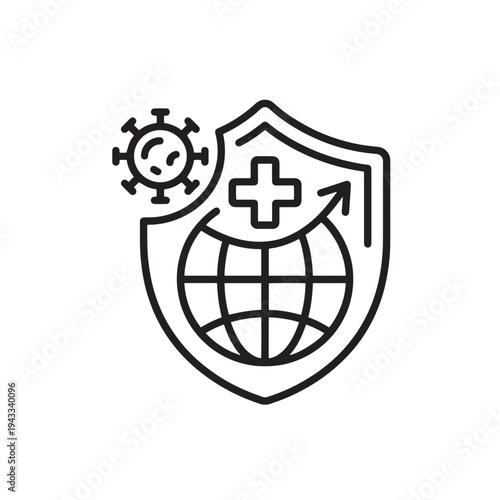Global Health Protection Shield Icon with Virus and Medical Cross
