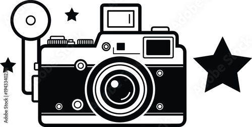 Retro camera with flash vector illustration, vintage photography equipment icon with stars isolated design for photo studio branding