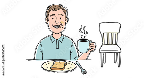A happy man enjoys a casual breakfast scene, holding a steaming cup of coffee and eating toast, with a plate and an empty chair suggesting a relaxed morning routine.