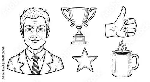 A confident man in a suit smiles, accompanied by a gleaming trophy, a positive thumbs-up, a star, and a steaming coffee mug.