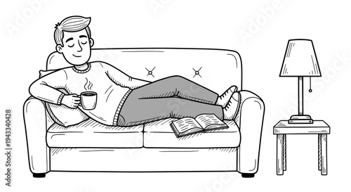 A peaceful black and white drawing depicts a man relaxing comfortably on a sofa, holding a warm coffee mug, with an open book and a classic table lamp nearby.
