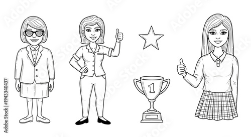 A diverse group of three women in varied attire stands alongside symbols of achievement: a gleaming trophy and a star, with two giving confident thumbs-up gestures.