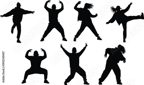 Dance silhouettes, hip hop moves, street dance poses, energetic rhythm, expressive motion, diverse dancers, cultural performance, artistic choreography illustration artwork