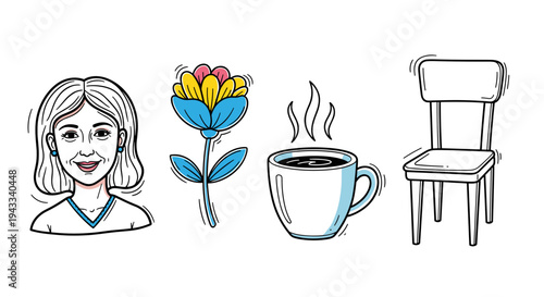 A pleasant older woman smiles gently in this colorful illustration, accompanied by a vibrant flower, a steaming coffee mug, and a simple wooden chair.