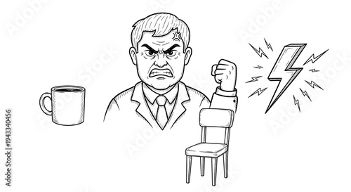 An intensely angry man with a raised fist is depicted in a stark black and white drawing, accompanied by a coffee mug, a chair, and a powerful lightning bolt symbol.