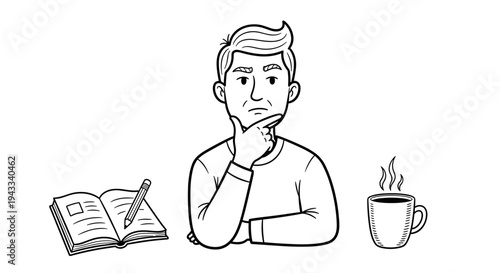A man in a black and white illustration appears pensive, hand on his chin, contemplating beside an open book, a pencil, and a steaming coffee mug.